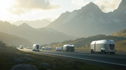 Autonomous electric trucks driving on scenic mountain highway