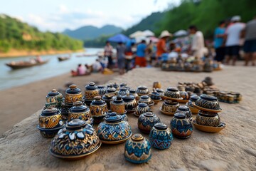Realistic depiction of a bustling market on the banks of the Mekong River in the Golden Triangle, where traders from Thailand, Laos, and Myanmar exchange goods