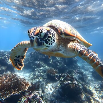 A sea turtle swims gracefully through the clear blue water, its shell a beautiful pattern of brown and black.