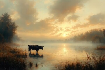 serene landscape showing cows leisurely grazing in a lush meadow glistening dew on the grass morning mist enveloping the scene as a gentle sunrise paints the sky in soft pastels