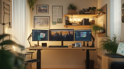 Modern home office with standing desk and monitors