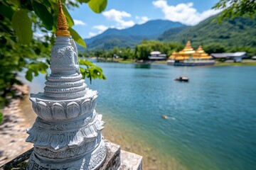 Realistic depiction of the ancient Buddhist temples and stupas scattered throughout the Golden Triangle region, with the peaceful atmosphere and historical significance blending into the landscape