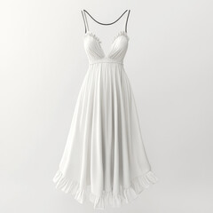 Fototapeta premium White dress hanging elegantly on a hanger against a soft grey background.