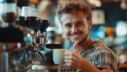 Smiling barista making coffee and giving thumbs up