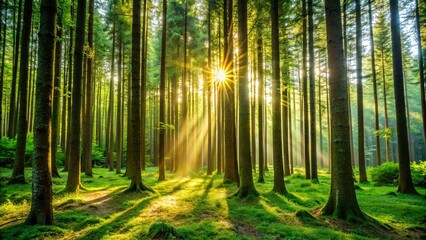 Obraz premium Golden Rays of Light Illuminate a Serene Forest, Casting Long Shadows Through the Dense Canopy, Revealing the Tranquility of Nature