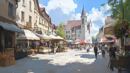 A bustling market street with a church.
