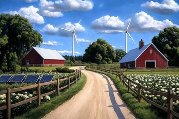 Obraz premium Watercolor painting of a rural farm with wind turbines and solar panels, with soft colors capturing the blend of nature and technology in rural innovation