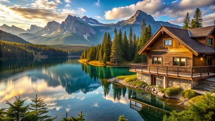 Fototapeta premium Serene mountain lake with wooden cabin nestled on the shore, a reflection of the majestic peaks and fluffy clouds mirrored in the tranquil waters.