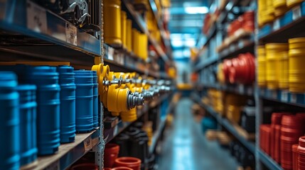 Fototapeta premium Inside a warehouse, a diverse collection of pipes is visible, with a focus on a neatly stacked row of plastic pipes.