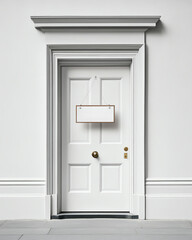 Elegant white door with a blank sign, minimalistic design, isolated background.