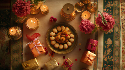 A table setting with golden accents, gifts wrapped in colorful paper, lit candles, and a plate of sweet treats.