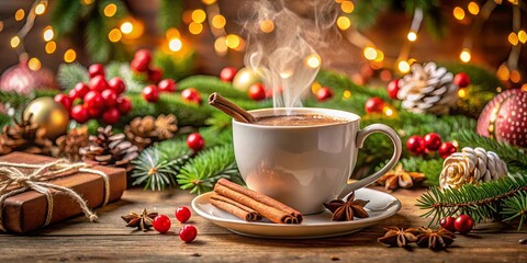 A steaming cup of hot cocoa with cinnamon sticks and star anise resting on a rustic wooden table surrounded by festive greenery and ornaments.