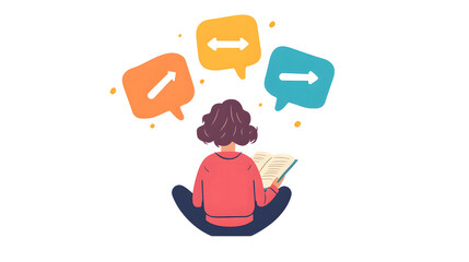 A simple, flat illustration design of a student with a backpack sitting and reading design. Speech bubbles on the side show different strings connected to other words or graphic design