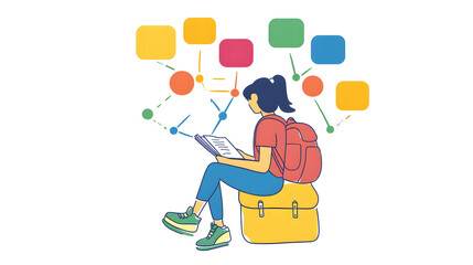 A simple, flat illustration design of a student with a backpack sitting and reading design. Speech bubbles on the side show different strings connected to other words or graphic design