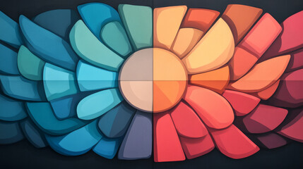 Abstract graphic design with a flower-like design, with a bold color scheme of blue, green, purple, orange, and red.