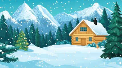 Fototapeta premium A Cozy Wooden Cabin Nestled Amidst Snowy Mountains and Evergreen Trees