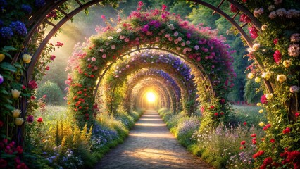 Fototapeta premium A sun-drenched path through a vibrant floral archway, leading towards a radiant glow at the end of the tunnel