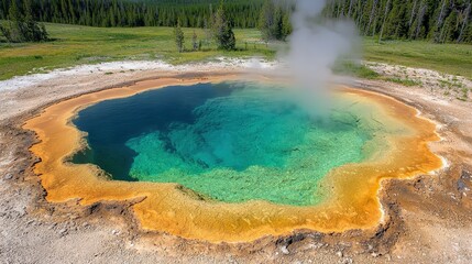 Aerial View of Turquoise Geothermal Pool with Steam and Vivid Colors in Barren Landscape