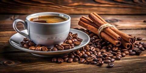 Fototapeta premium Aromatic Coffee Cup Surrounded by Roasted Beans and Cinnamon Sticks on a Rustic Wooden Surface