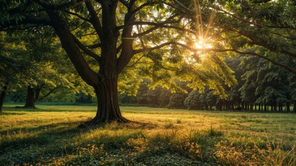 Obraz premium Sunlight streams through the branches of a large tree in a peaceful park, casting a warm golden glow over the grassy field..