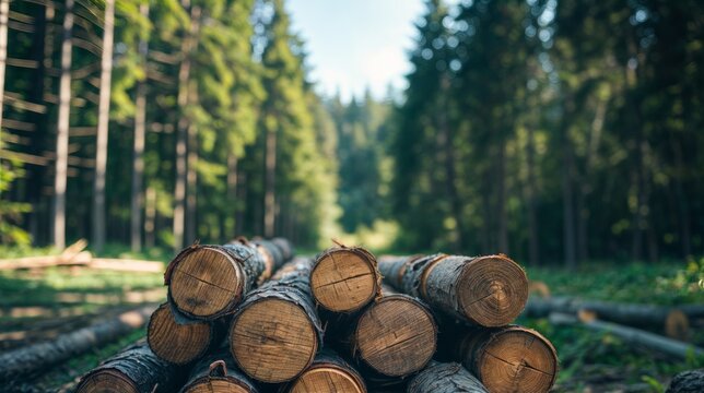 A pile of freshly cut logs in a forest clearing, highlighting natural resources, timber harvesting, and forestry industry in a lush woodland setting..