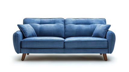 Fototapeta premium Blue couch with wooden legs and arms, adorned with colorful throw pillows, against a white wall decorated with abstract paintings.