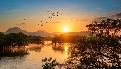 Fototapeta premium Sunrise Over a Tranquil Lagoon Surrounded by Mangroves and Exotic Birds, Captured in the Early Morning Light for a Serene and Vibrant Nature Landscape Scene