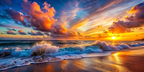 A wave breaks on the shore, reflecting the golden hues of a stunning sunset, casting long shadows across the sand.