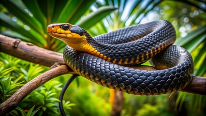 Fototapeta premium Striking Golden Black Snake Coiled on Branch in Lush Tropical Environment Under Natural Light