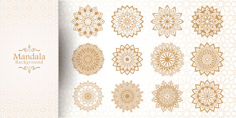 A Set of hand drawn mandala elements, Luxury mandala background with golden arabesque pattern Arabic Islamic east style, Ornamental mandala with golden color arabesque floral pattern
