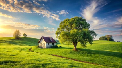 A picturesque cottage nestled amidst rolling hills, a solitary tree casting its shade upon the verdant landscape, as the sun paints the sky with hues of gold and azure
