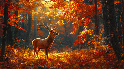 Japan, maple, autumn leaves, red, red leaf, red leaves, four seasons, deer, mysterious, divine, Japanese painting, art, ukiyo-e, sumi-e, ink painting, photography, illustration, nature, great, 