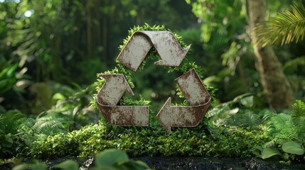 Obraz premium Rusty Recycle Symbol in Lush Green Forest Environmental Sustainability Concept