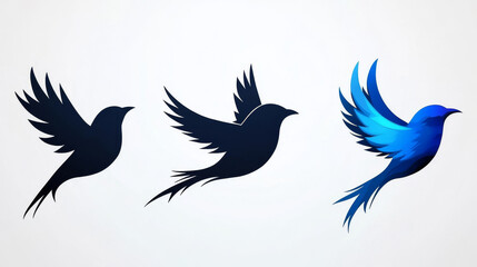 Obraz premium Three stylized birds in flight, one in blue, two in black.