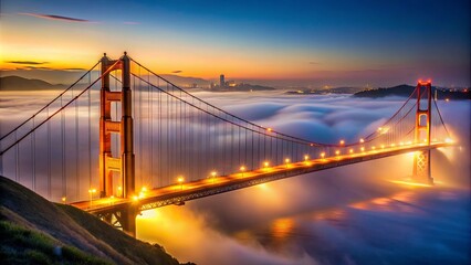 Fototapeta premium Illuminated Steel Arcing Over a Sea of Mist, Capturing the Essence of a City Awaking