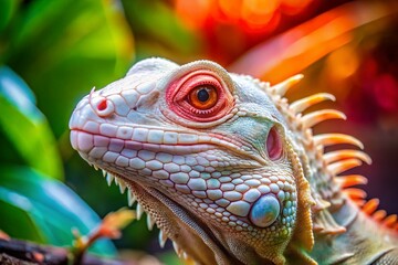 Fototapeta premium Stunning Albino Iguana with Unique White Scales and Bright Red Eyes in Natural Habitat Setting