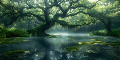 A serene woodland scene with a majestic tree draped in Spanish moss arching over a still pond. The morning mist creates a magical atmosphere.