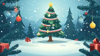 Obraz premium Decorated Christmas Tree in a Snowy Forest