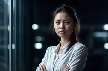 Obraz premium A young businesswoman with a serious expression stands confidently with arms crossed in a dimly lit modern office space..