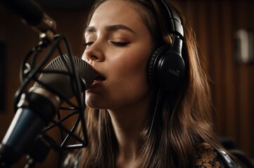A young female singer records vocals in a professional studio, wearing headphones and singing passionately into a microphone..