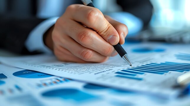 Close-up of a wealth advisor's hand writing notes on a financial report with charts, modern office environment, soft daylight, photo realistic