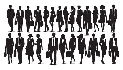 silhouettes of men and a women, a group of standing and walking  silhouette vector illustration black and white art