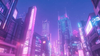 Fototapeta premium Neon-Lit Skyscrapers in a Futuristic Cityscape at Night