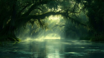 Obraz premium Sunlight filters through the canopy of a lush, mossy forest, creating a magical, ethereal atmosphere over the still river.