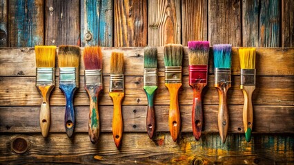 A collection of worn paintbrushes, displaying the passage of time and artistic endeavors, positioned against a weathered wooden backdrop, each brush embodying a unique story of colors and strokes.