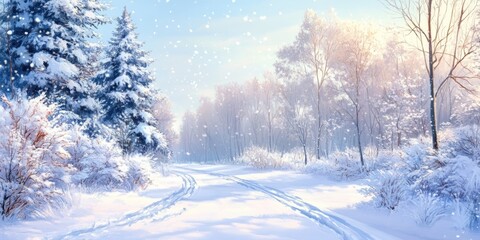 Obraz premium A snowy forest path with trees covered in white snow, illuminated by a soft, warm light.