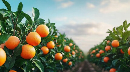 Vibrant orange trees lined up under a bright blue sky, showcasing healthy citrus fruits ready for harvest.
