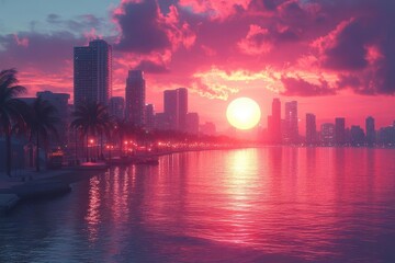 Fototapeta premium retrowave sunset over a cyberpunk cityscape holographic palm trees lining a neonlit beach promenade