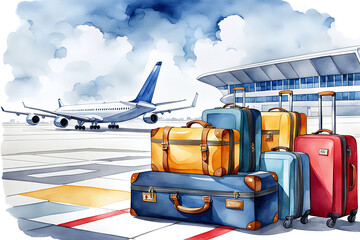 Watercolour Illustration colorful suitcase in international airport station. Travel Scene with Suitcase.Craft a watercolor Travel Bags a vacation holiday climate theme