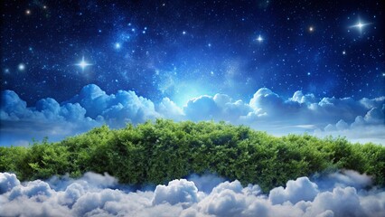 Obraz premium A Canopy of Green Emerges from a Sea of Clouds, Bathed in the Soft Glow of a Starry Night